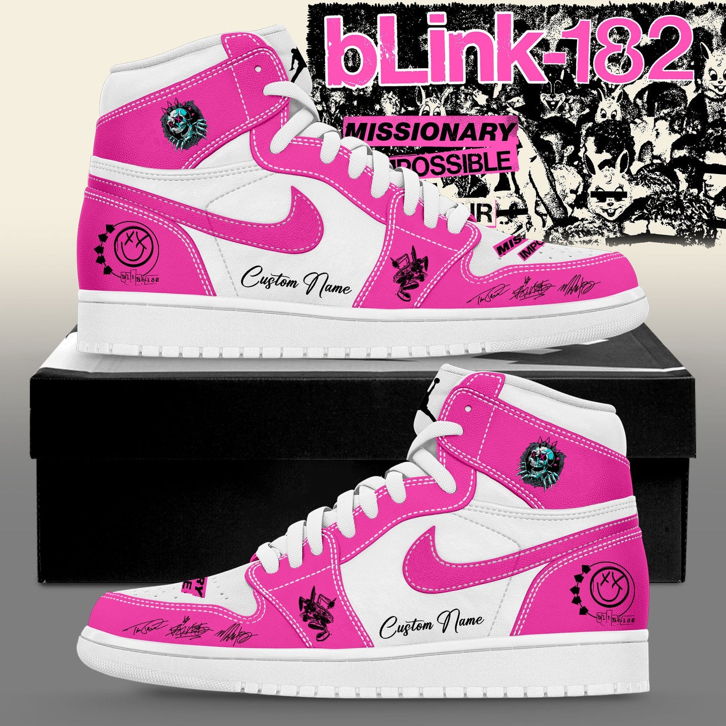 Blink‑182: Missionary Impossible Tour Signature Custom Name Pink Shoes