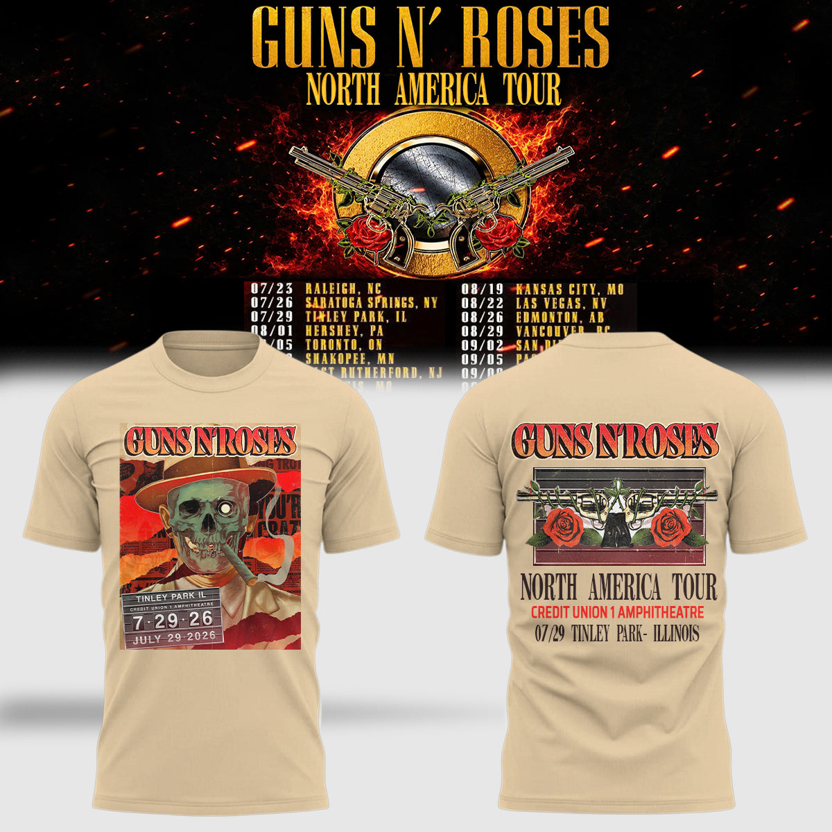 imited Edition Guns N’ Roses “World Tour 2026” At Credit Union 1 Amphitheatre T-Shirts