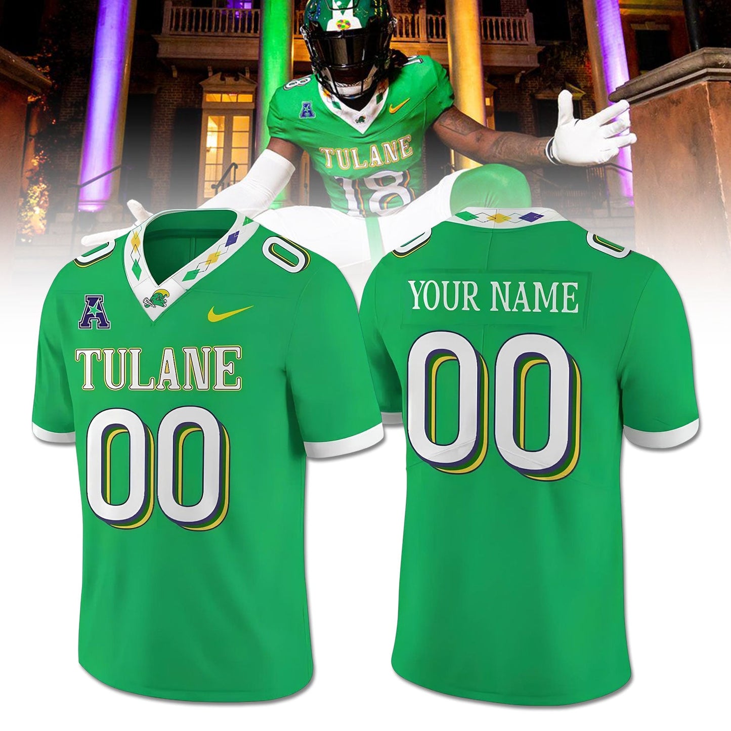 .Tulane Green Wave MARDI GRAS CITY EDITION Custom Football Jersey