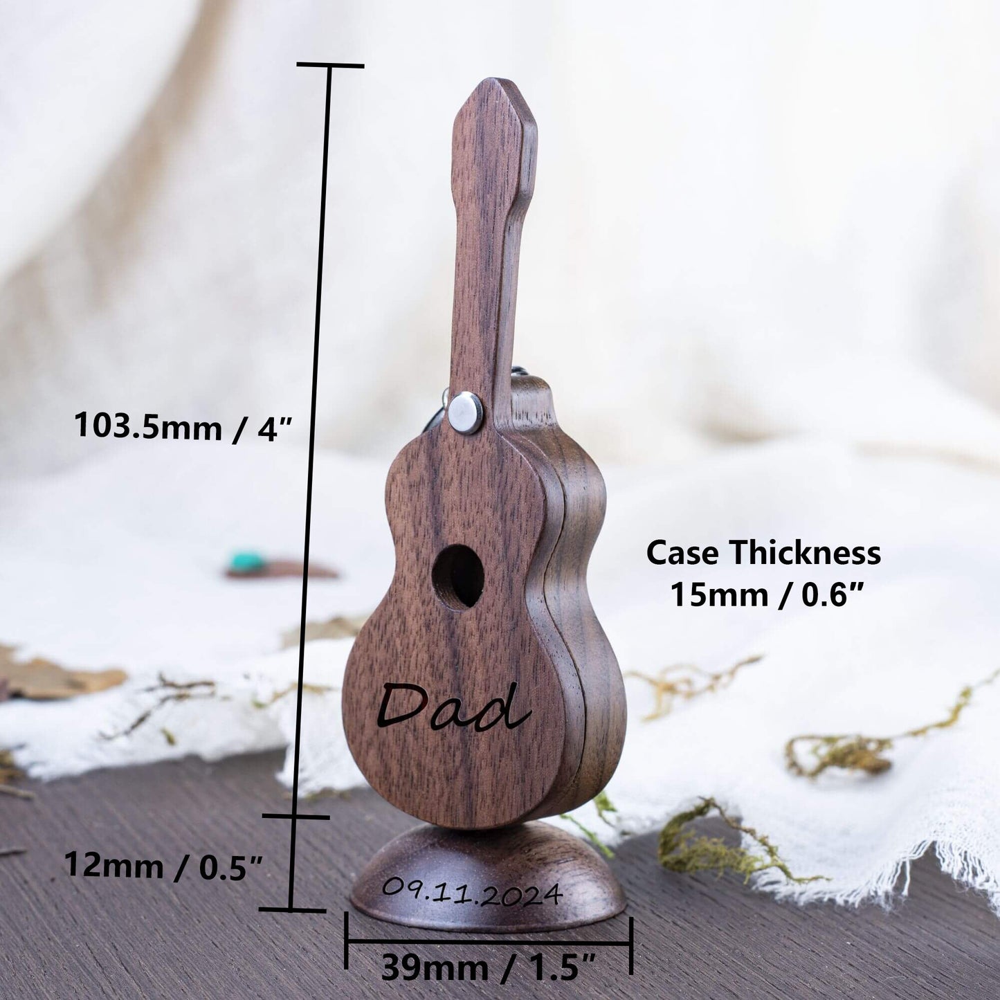 Personalized Wooden Guitar Pick Case: Musician Gift with Keychain