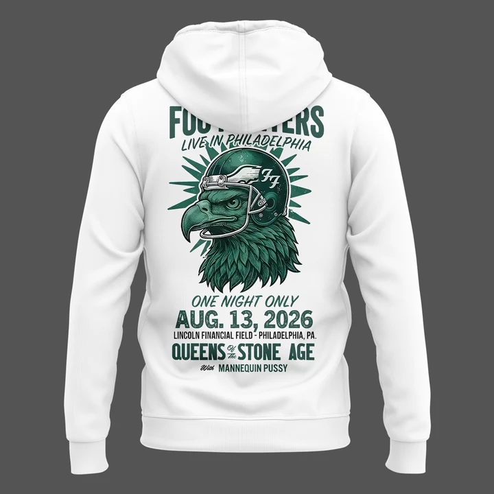 02.48. New White Zip Hoodie Foo Fighters x Philadelphia Eagles - Take Cover Tour 2026 Zip Hoodie