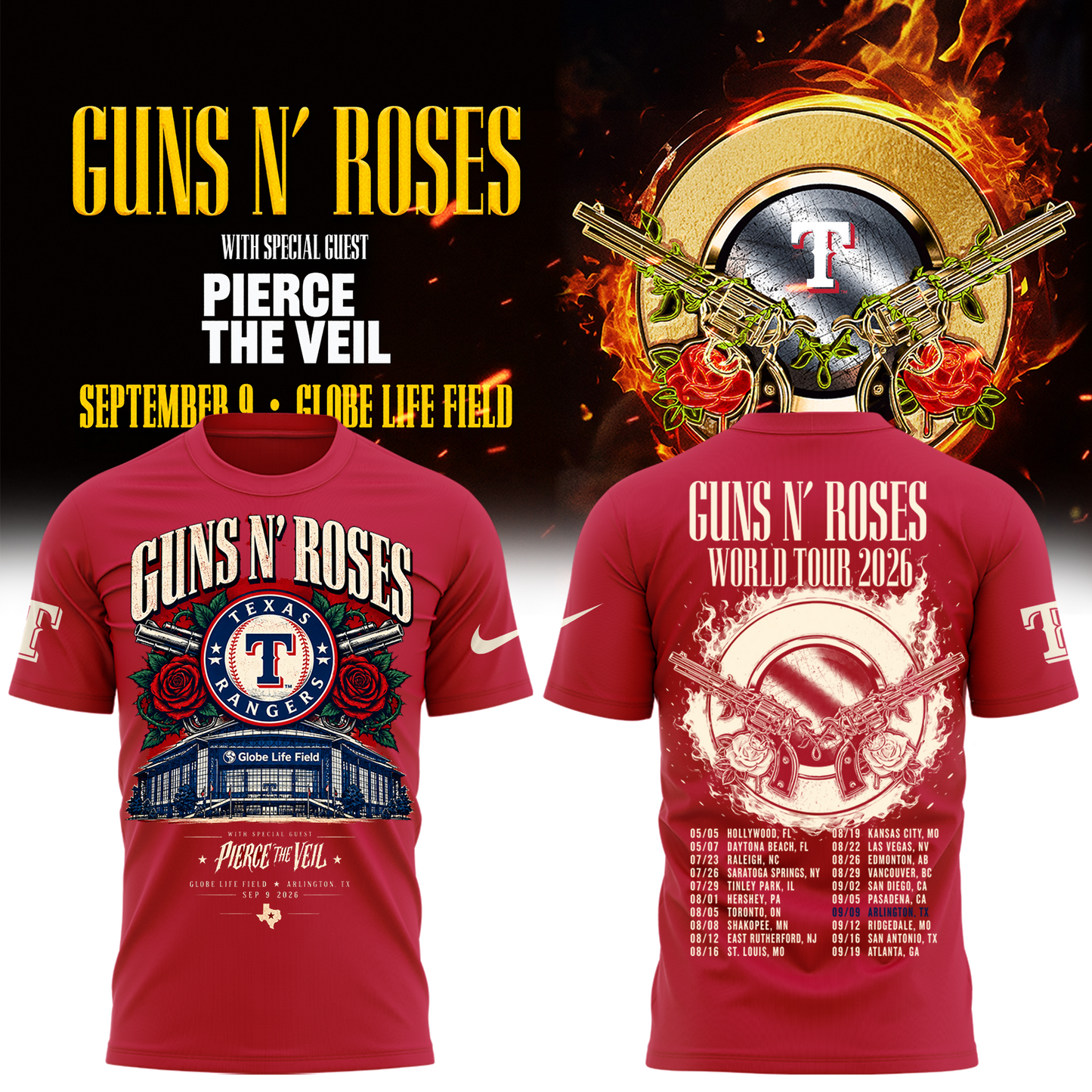 Guns N’ Roses x Texas Rangers Globe Life Field 2026 Tour T-Shirt