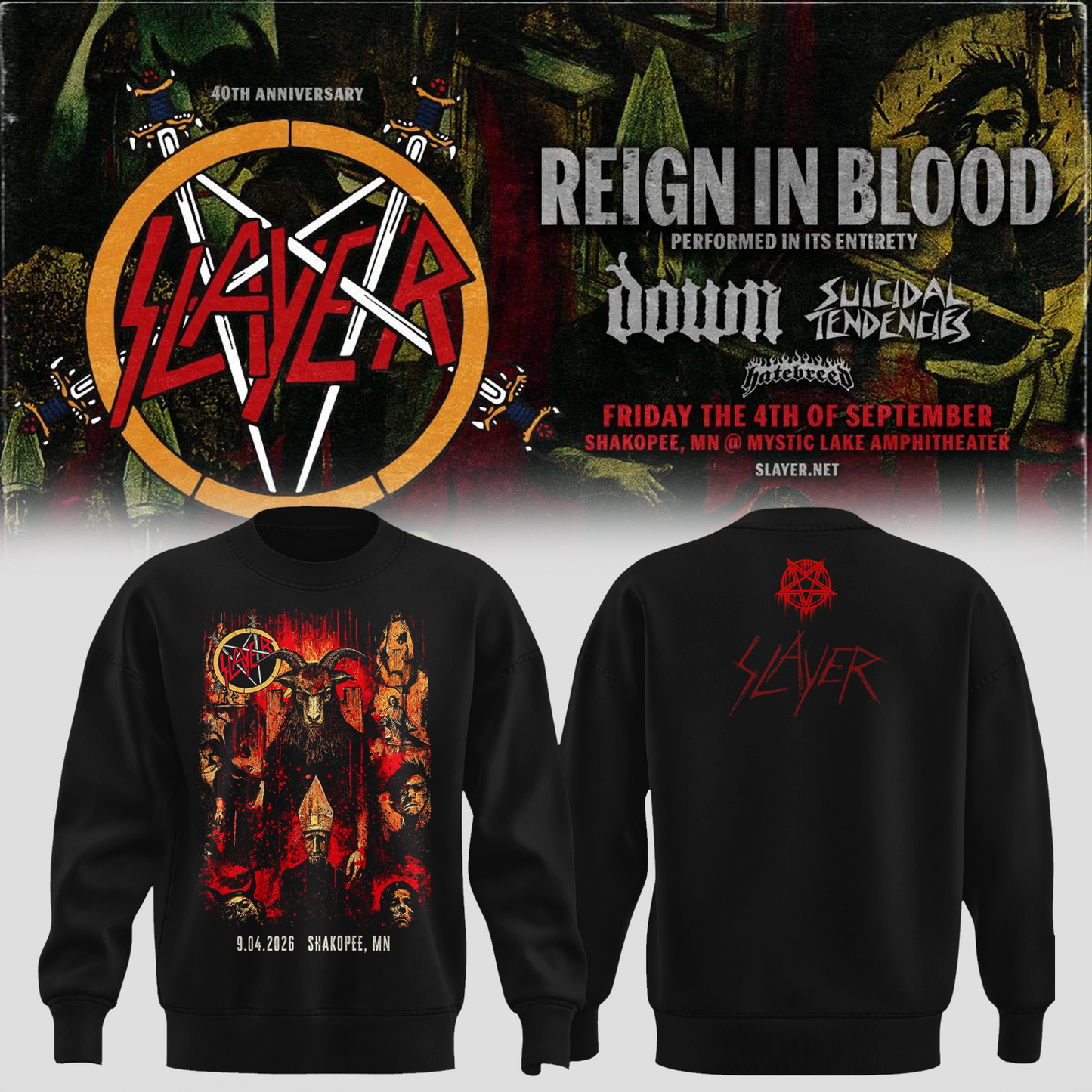 _Slayer_Shakopee MN 2026 Event Tee Reign In Blood 40 Anniversary Tour September 4 2026 Two Sided Sweater