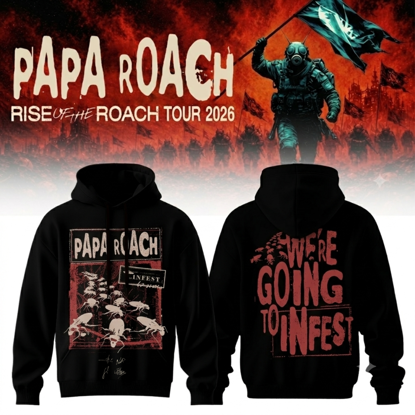,,.Papa Roach “Rise of the Roach Tour” 2026 Signed – Hoodie