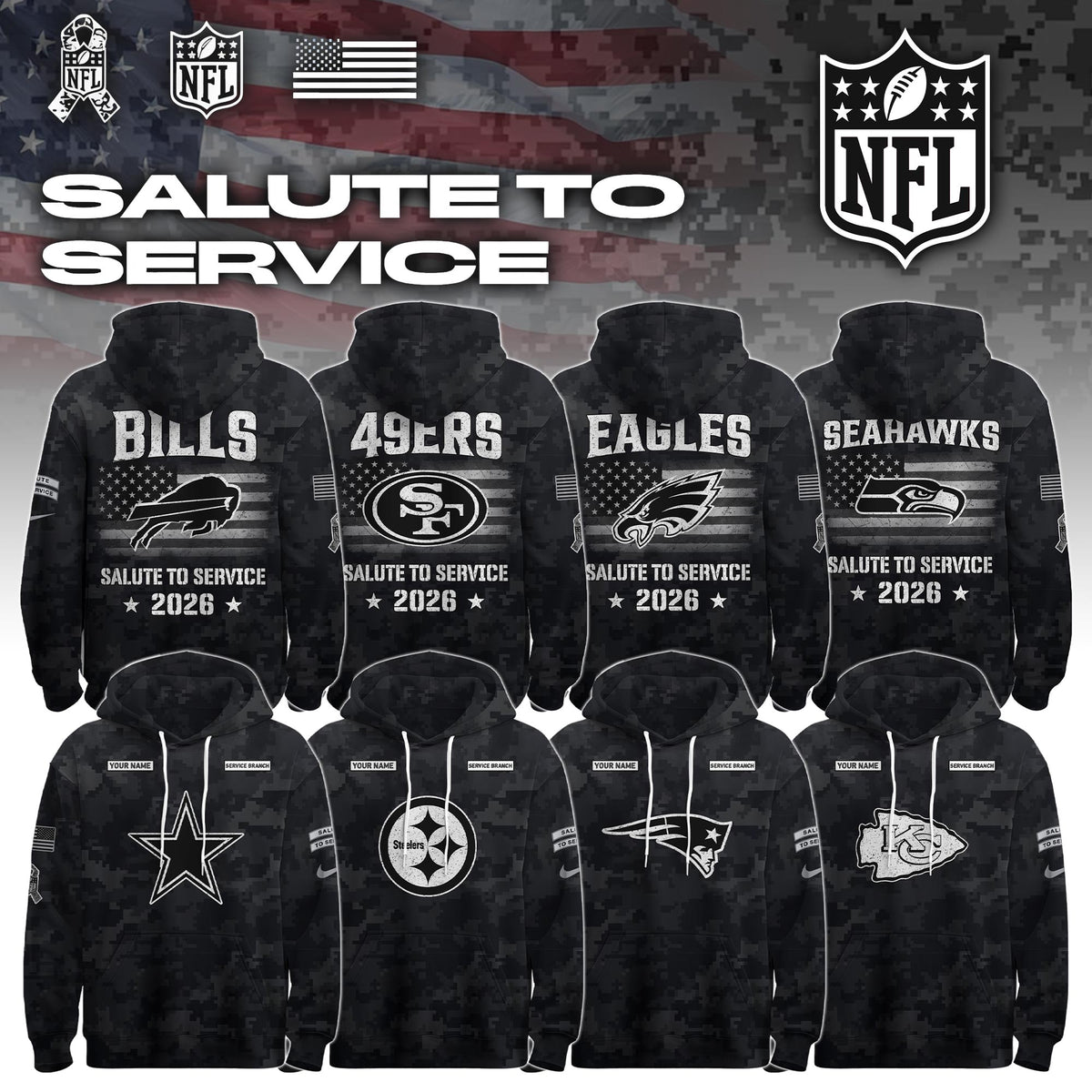.ALL TEAM 2026 Salute to Service Hoodie custom personalization and service branch Limited Edition + Selling Out Fast (PICK ONE TEAM)