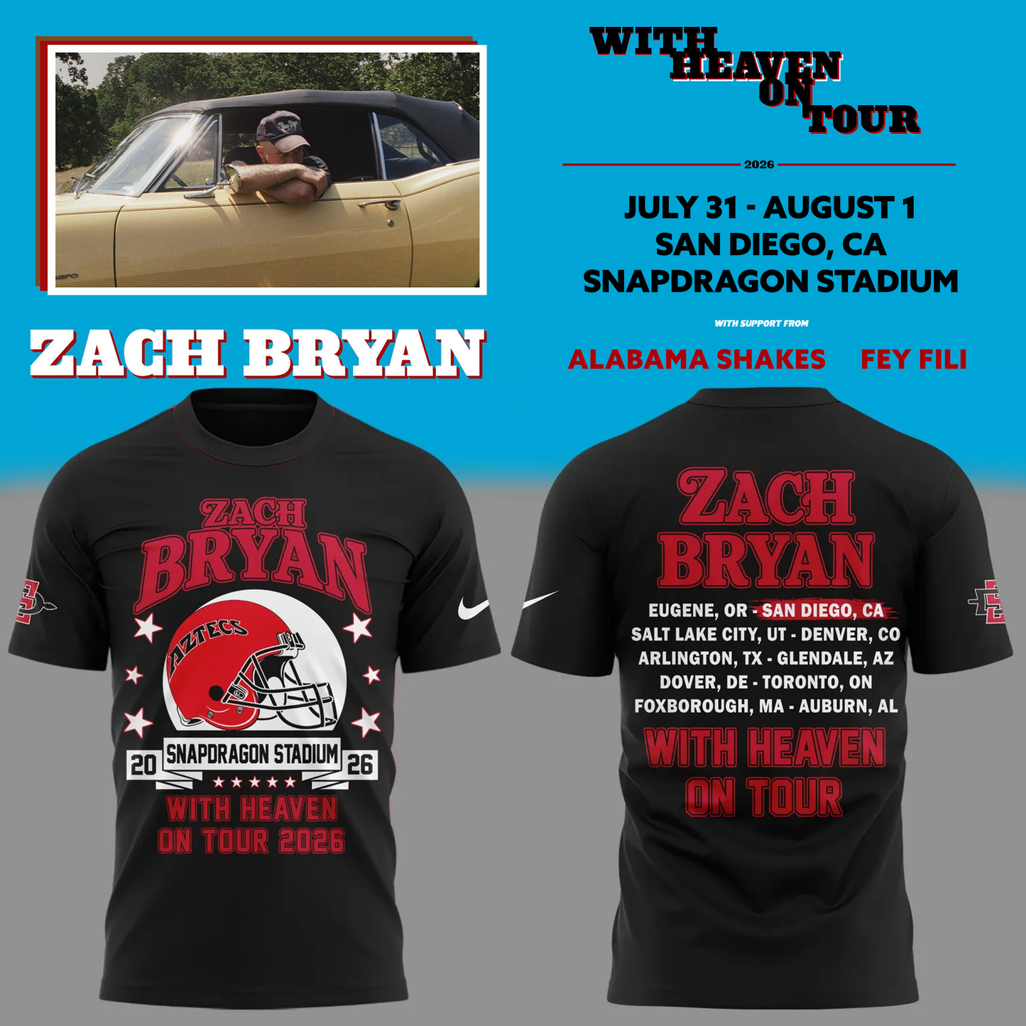Black Shirt Zach Bryan x San Diego State Football - With Heaven On Tour 2026 T-Shirt