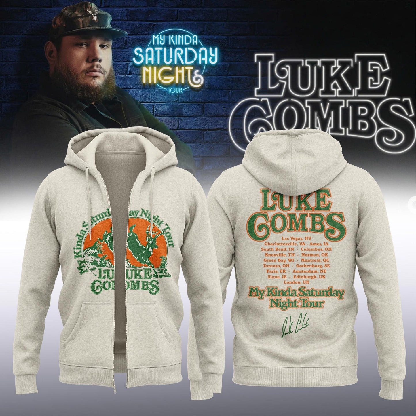 Luke Combs ”My Kinda Saturday Night Tour 2026” Limited Edition Signature – Zip Hoodie