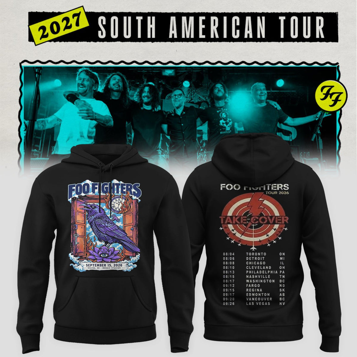 Foo Fighters Tour Poster Artwork Featuring Purple Raven Clock And Lotus Flower Hoodie