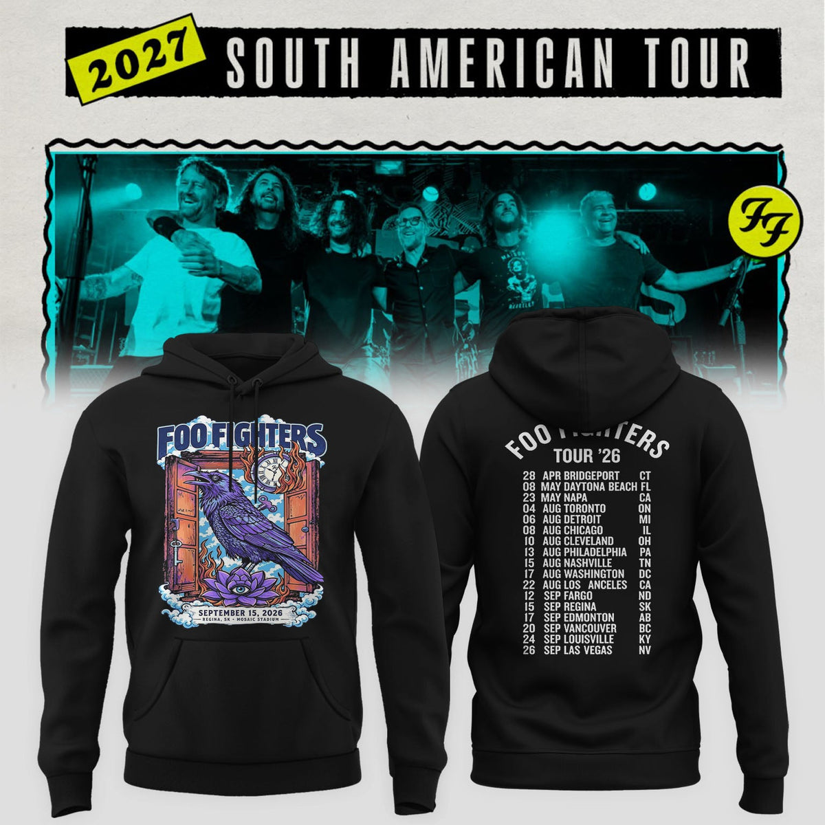 Foo Fighters Tour Poster Artwork Featuring Purple Raven Clock And Lotus Flower Hoodie