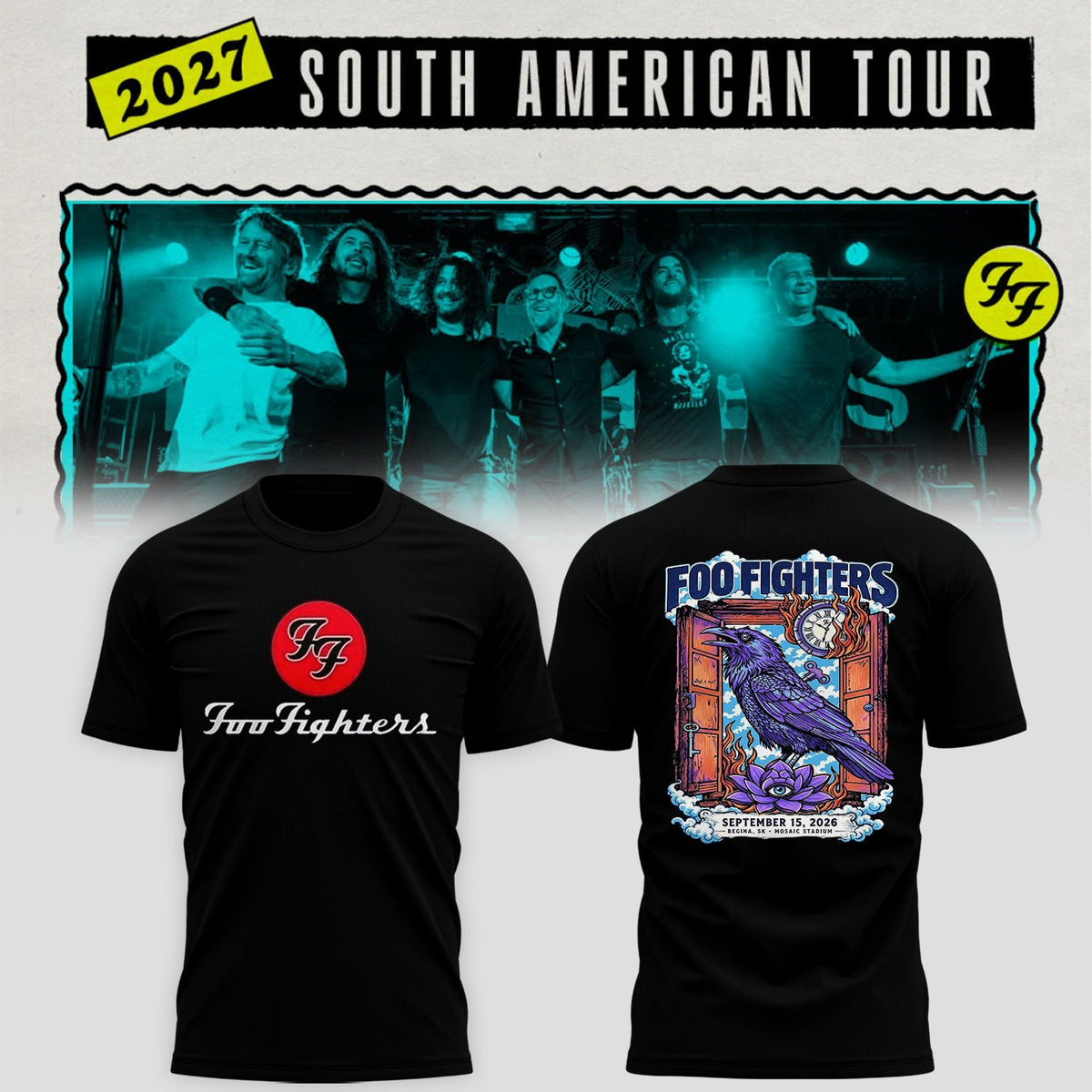 Foo Fighters Tour Poster Artwork Featuring Purple Raven Clock And Lotus Flower T-Shirt