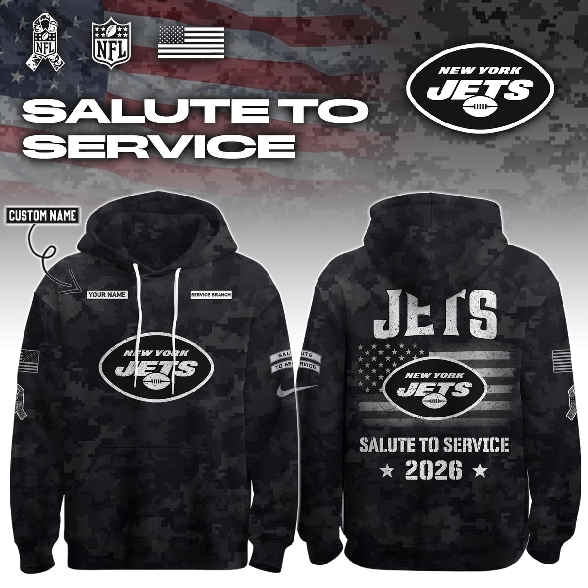 NYJ 2026 Salute to Service Hoodie custom personalization and service branch Limited Edition + Selling Out Fast