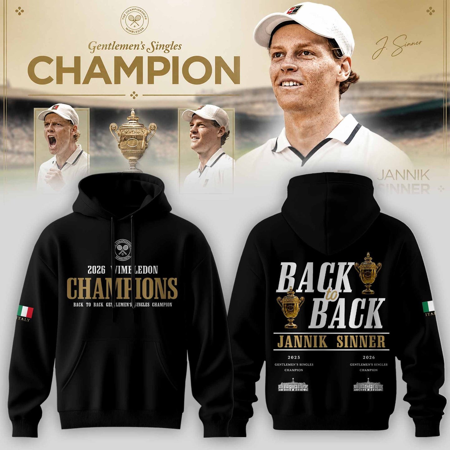 Limited Edition Jannik Sinner 2026 Wimbledon Champions Hoodie