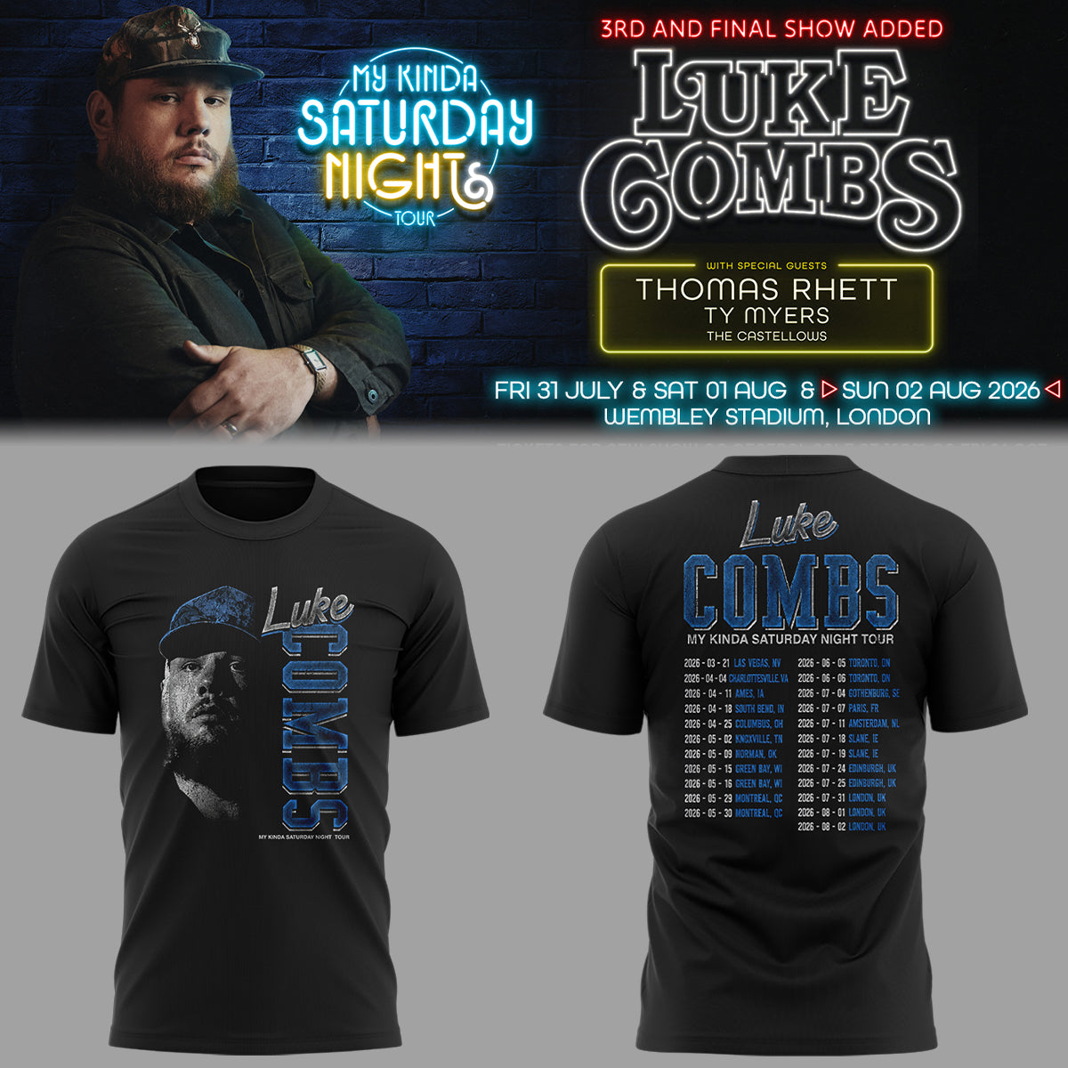 Limited Edition Luke Combs My Kinda Saturday Night Tour 2026 Tshirt