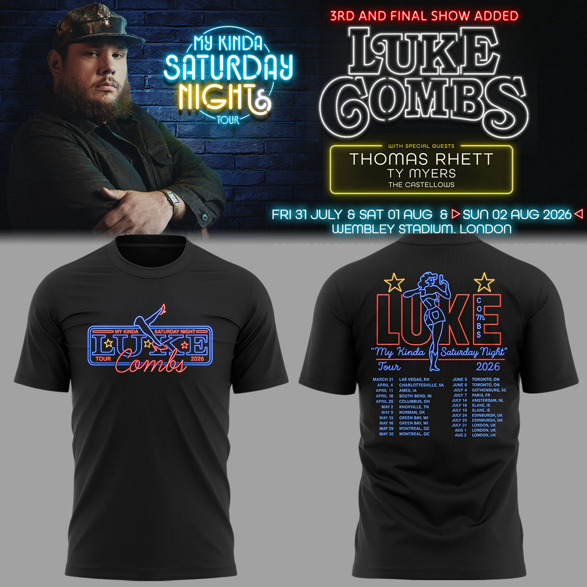 Limited Edition Luke Combs My Kinda Saturday Night Tour 2026 Tshirt