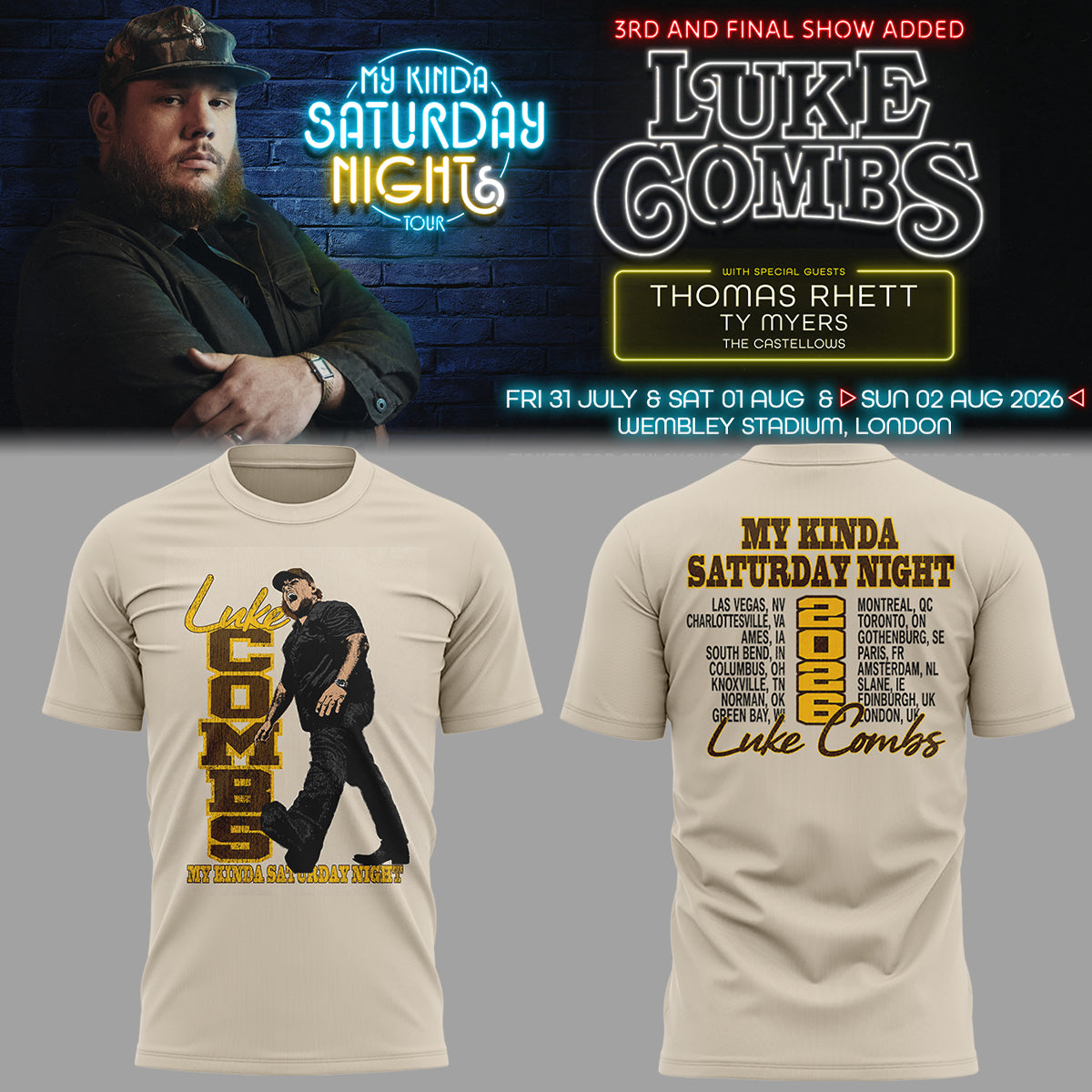 Limited Edition Luke Combs My Kinda Saturday Night Tour 2026 Tshirt