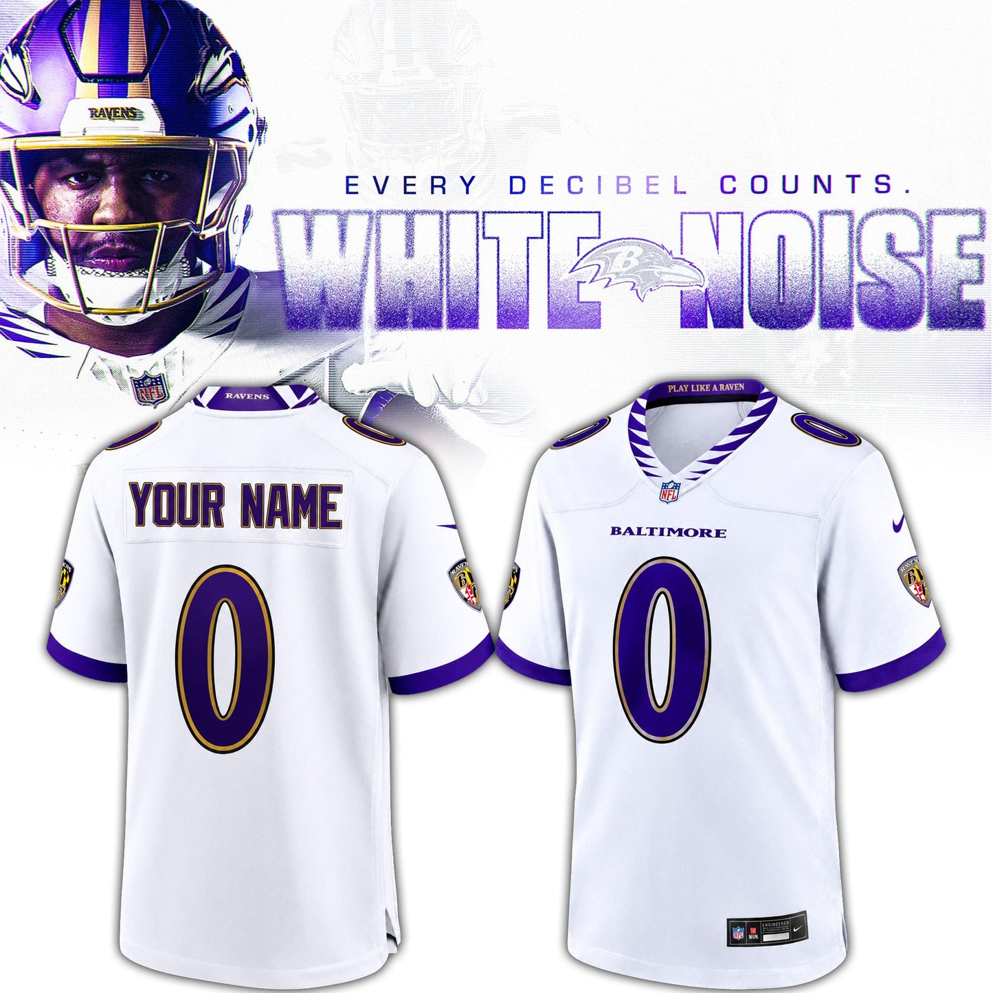 Ravens White Noise Jersey Custom Name Number🏈😈
