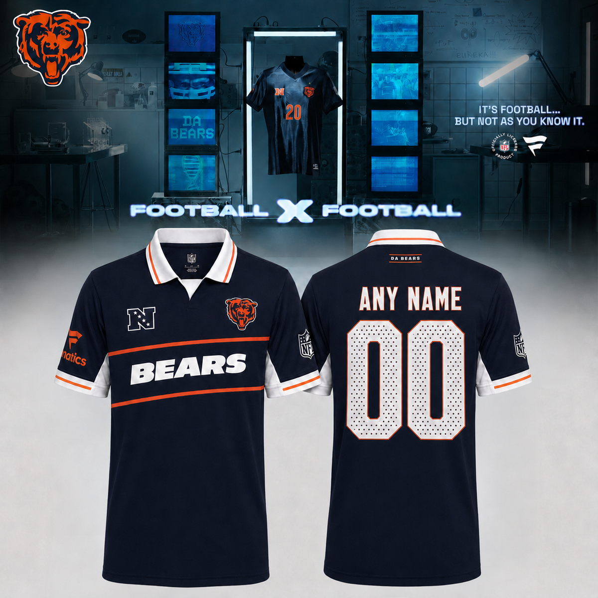 ,Chicago Bears Football x Football Collared Fan Top – Polo (Custom Name & Custom Number)