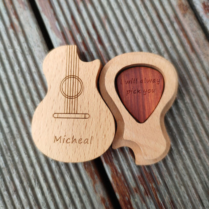 Personalized Guitar Pick Box, Engraved Wood Pick Case, Custom Plectrum Holder, Musician Valentines Day Gift Wooden Box For gurtar player