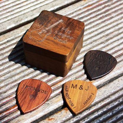 Personalized Wood Guitar Pick Box: Engraved Plectrum Case, Musician Gift