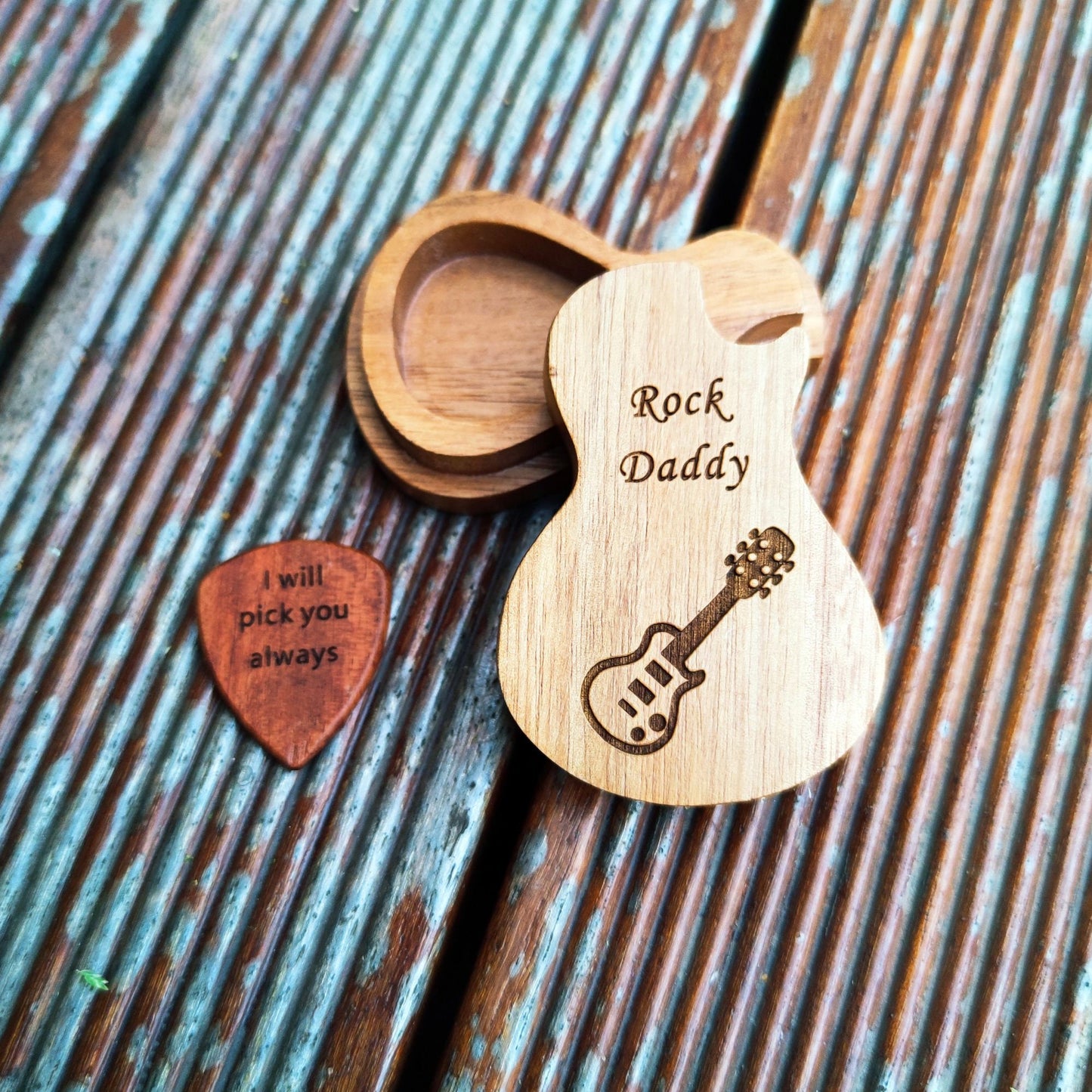 Engraved Wooden Guitar Pick Box: Personalized Music Gift