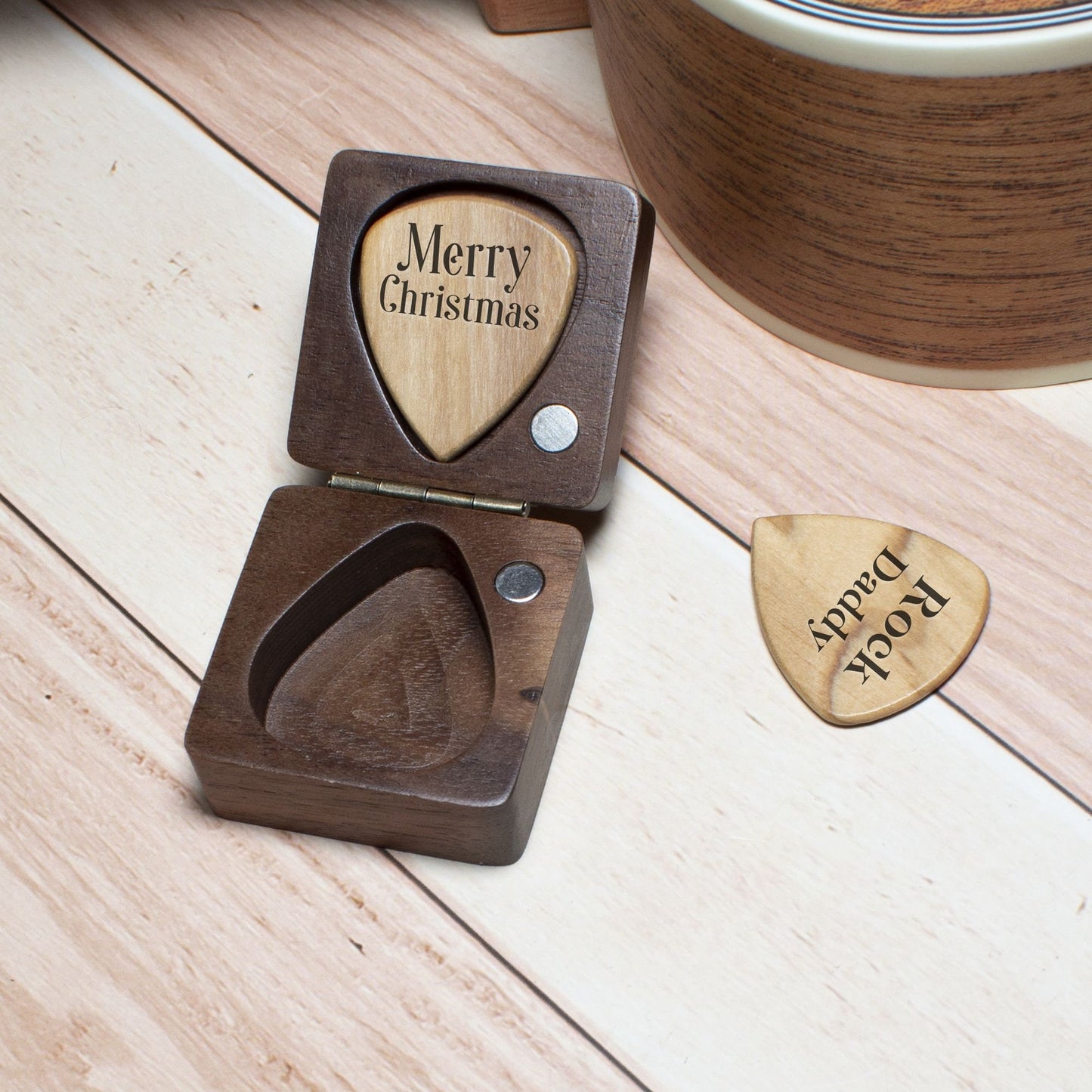 Personalized Wooden Guitar Pick Set: Engraved Plectrum Box, Musician Gift