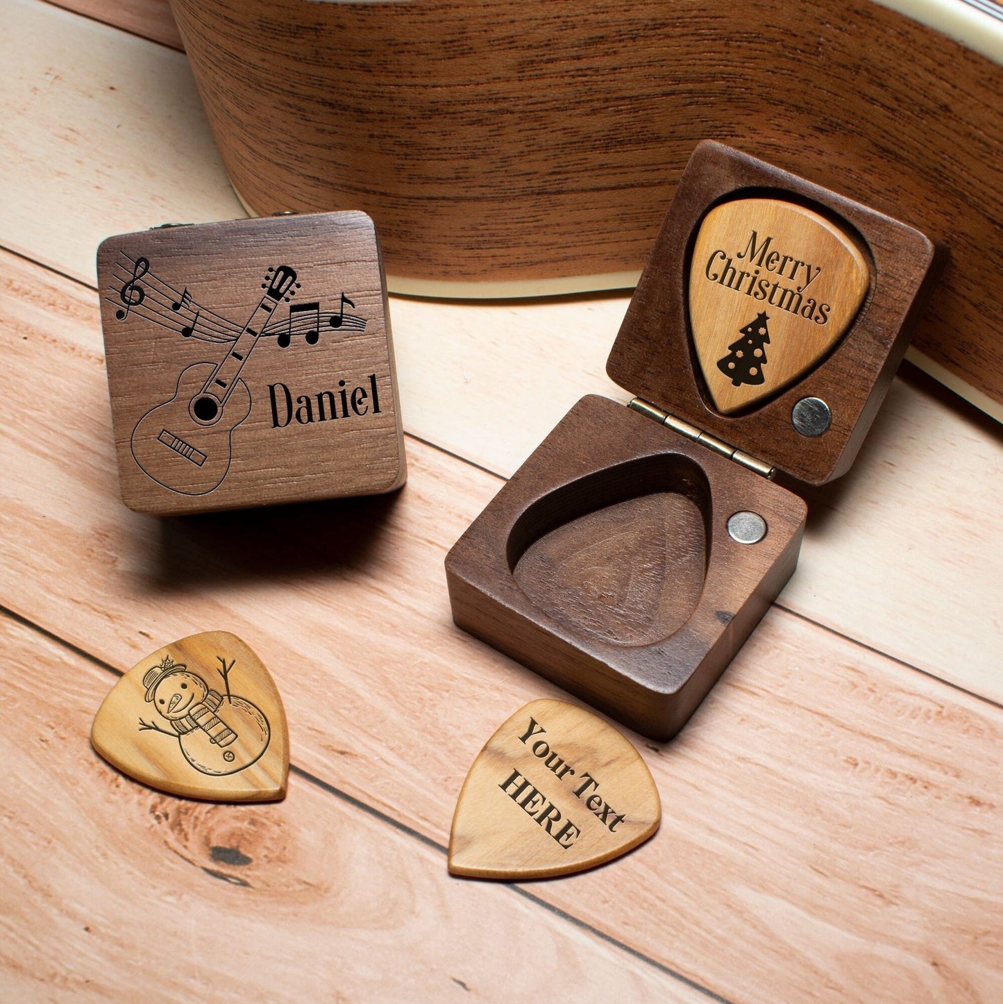 Personalized Wooden Guitar Pick Set: Engraved Plectrum Box, Musician Gift