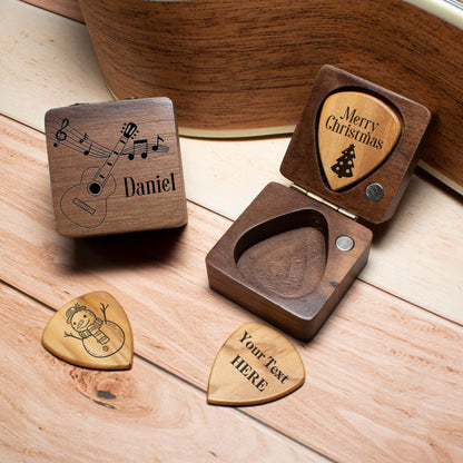 Personalized Wooden Guitar Pick Set: Engraved Plectrum Box, Musician Gift