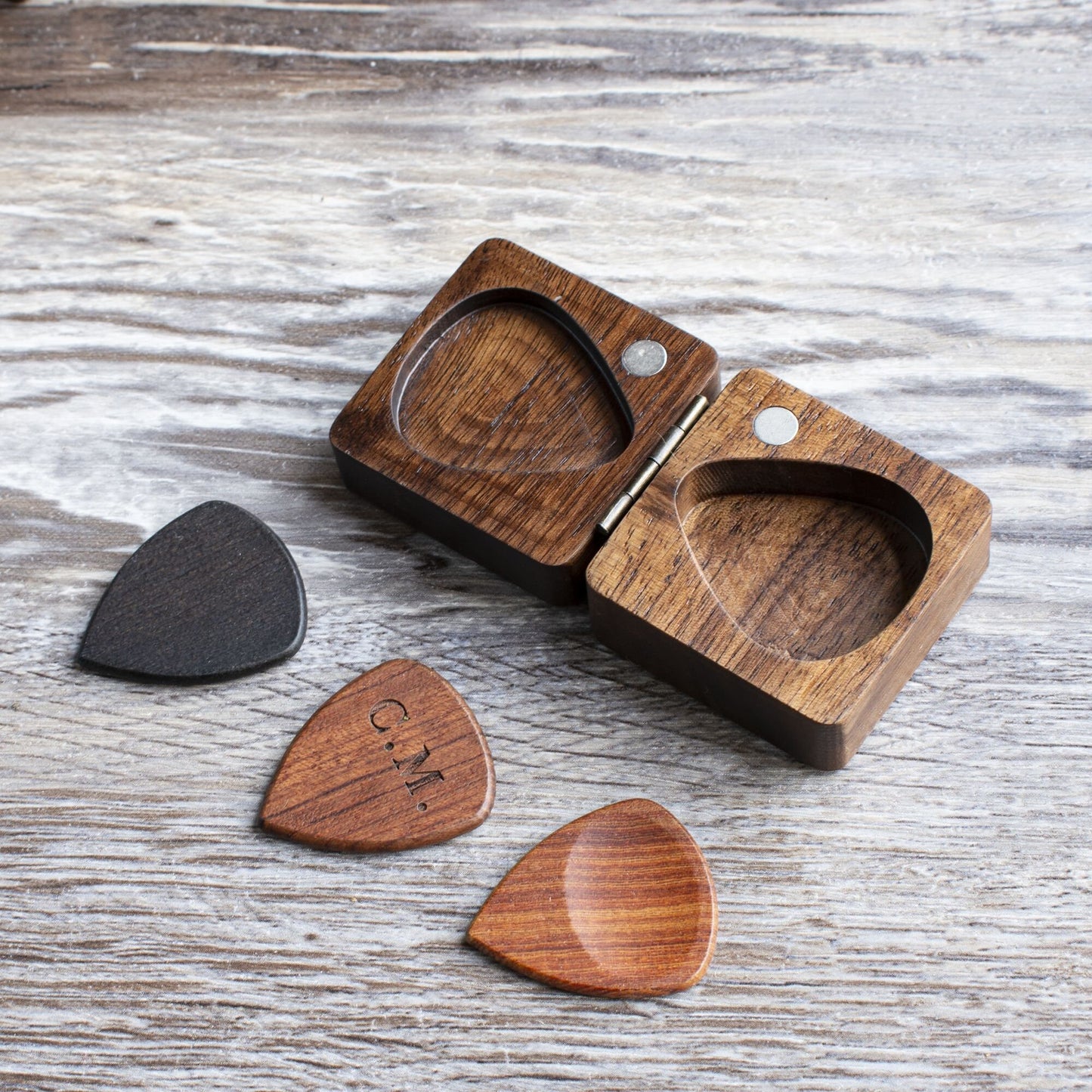 Wood Guitar PPersonalized ick with Engraved Walnut Case: Musician Gift