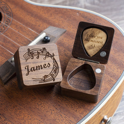 Wood Guitar PPersonalized ick with Engraved Walnut Case: Musician Gift