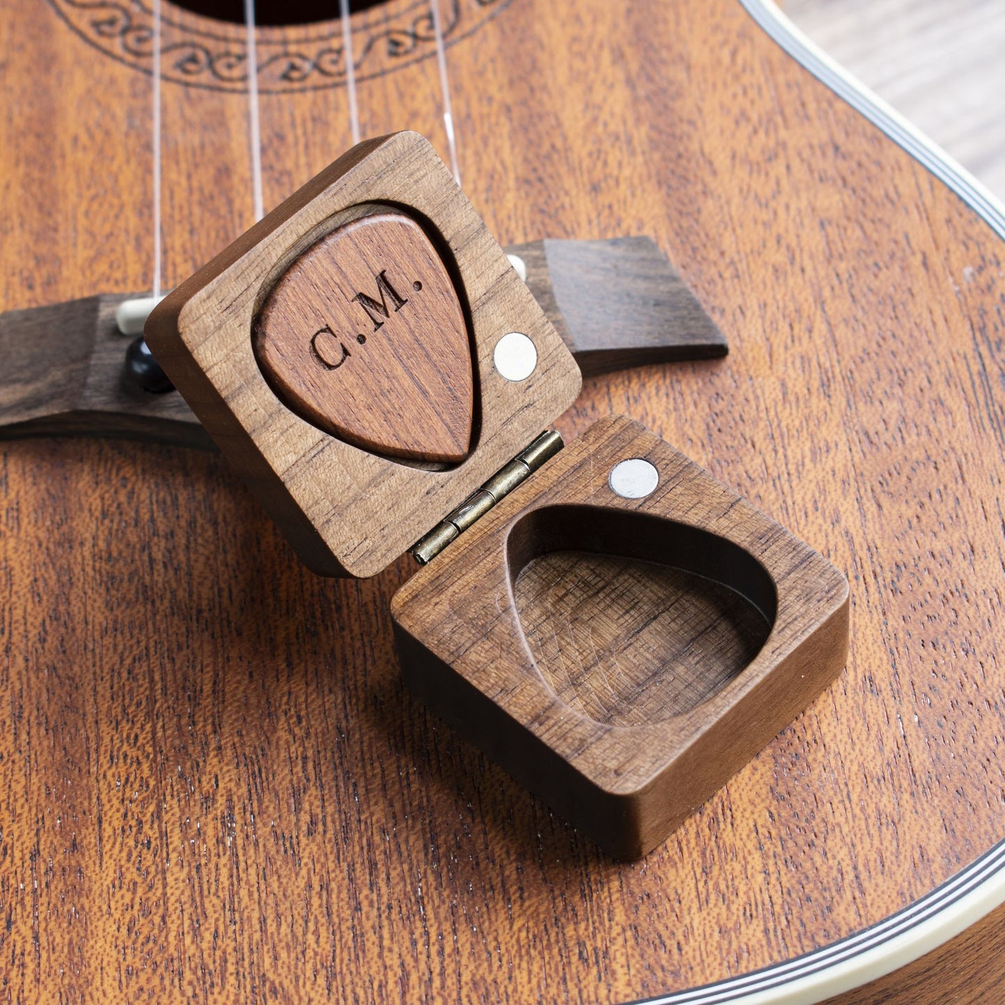 Wood Guitar PPersonalized ick with Engraved Walnut Case: Musician Gift