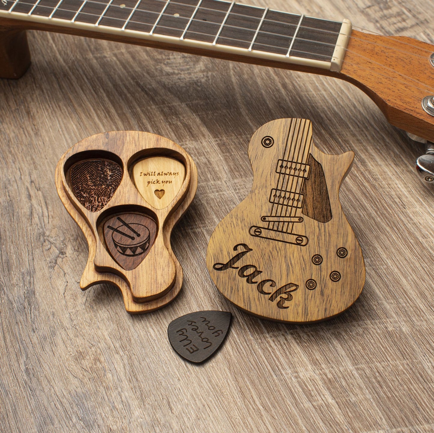 Personalized Wooden Guitar Pick Case: Musician Gift Set
