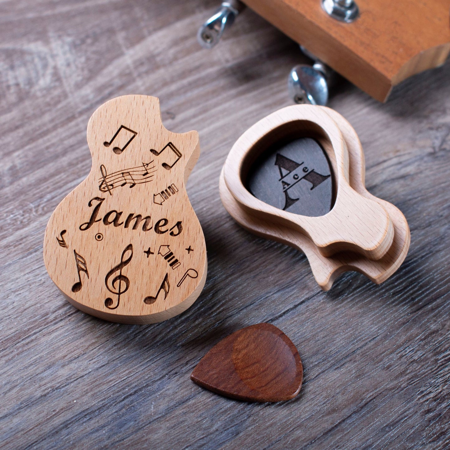 Personalized Guitar Pick Box: Engraved Wooden Music Gift