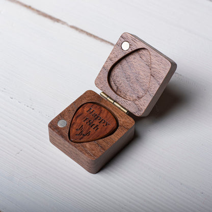 Personalized Guitar Pick Box: Engraved Walnut Wood, Musician Gift