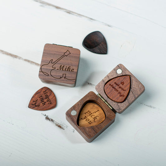 Personalized Guitar Pick Box: Engraved Walnut Wood, Musician Gift