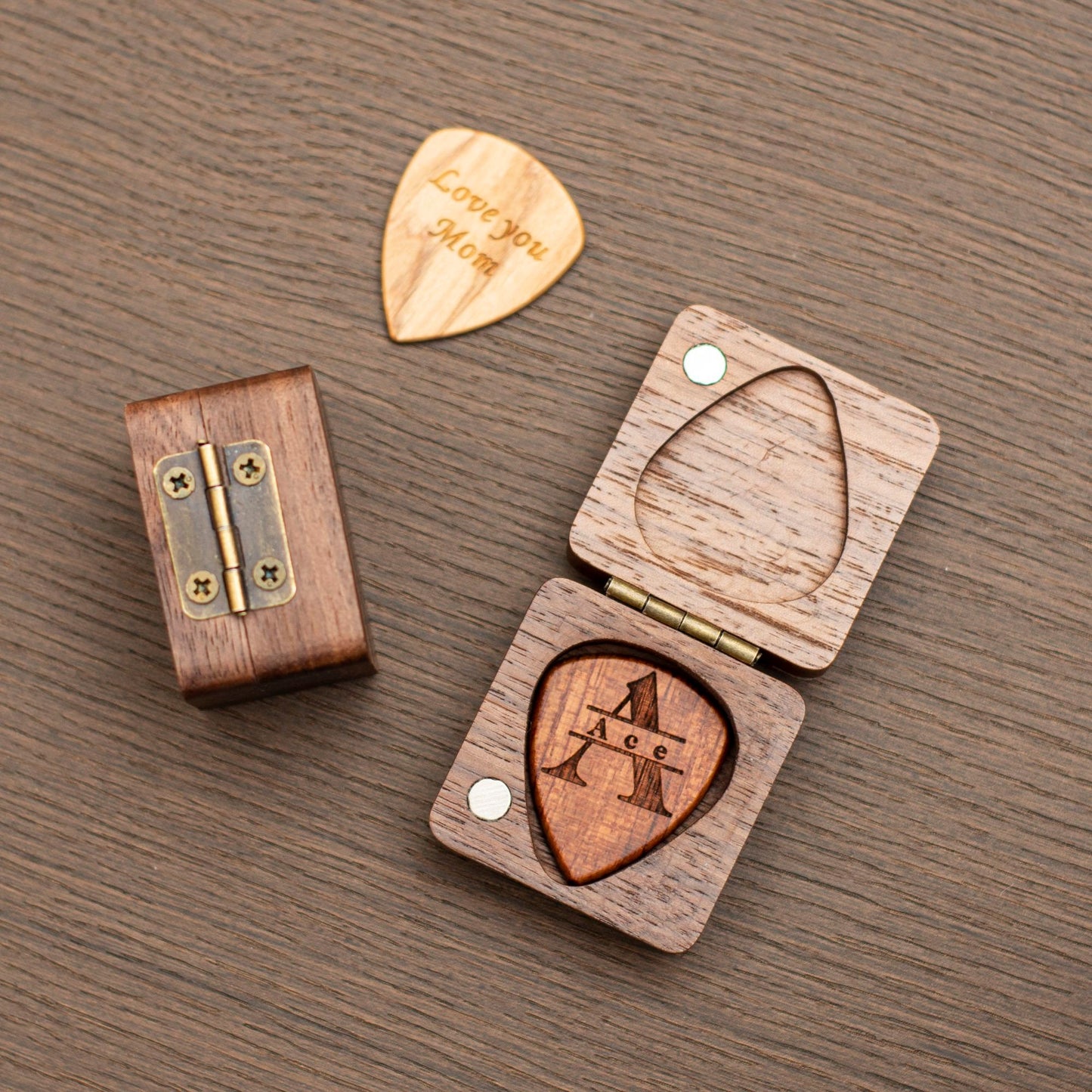 Personalized Walnut Wooden Guitar Pick Case: Engraved Plectrum Holder