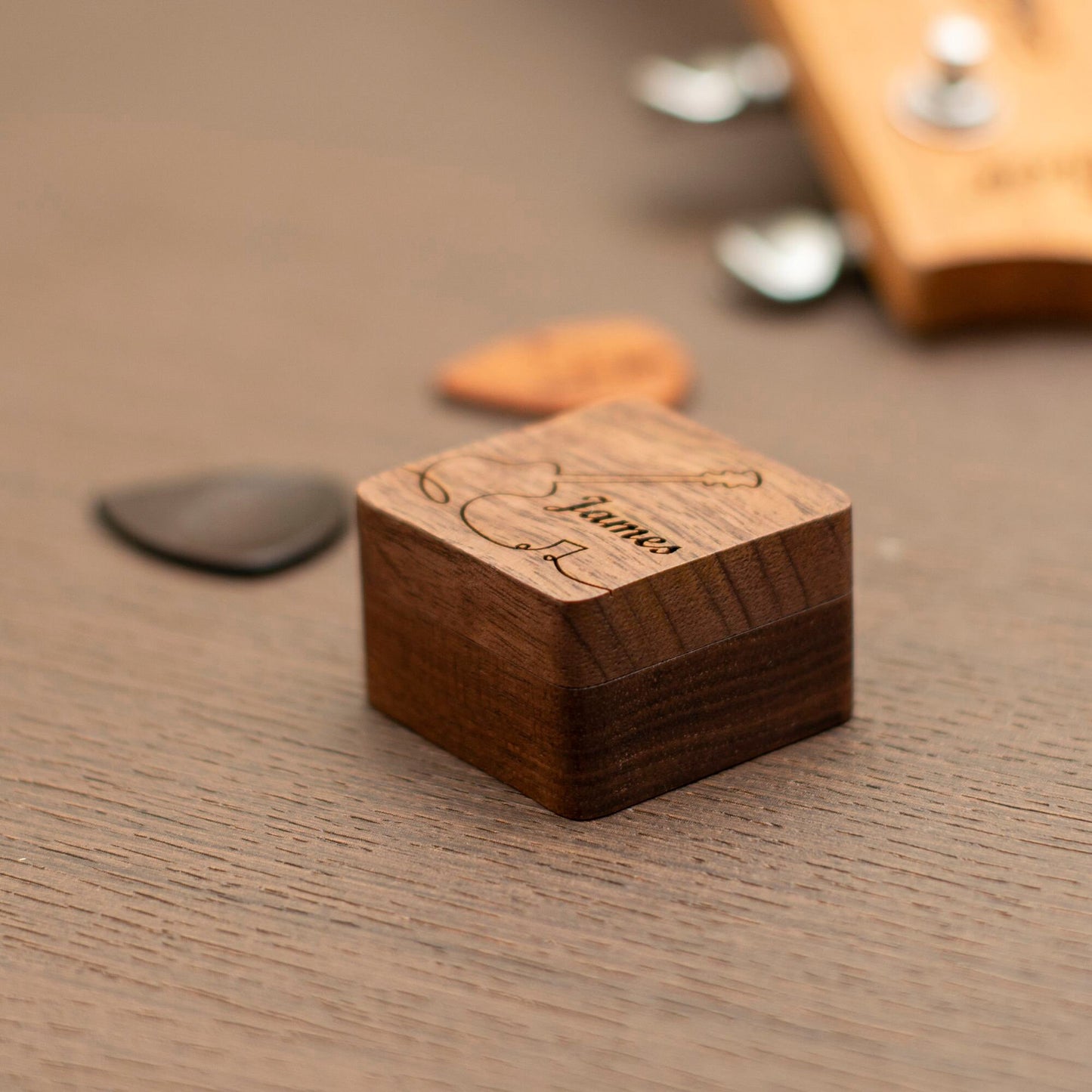 Personalized Walnut Wooden Guitar Pick Case: Engraved Plectrum Holder