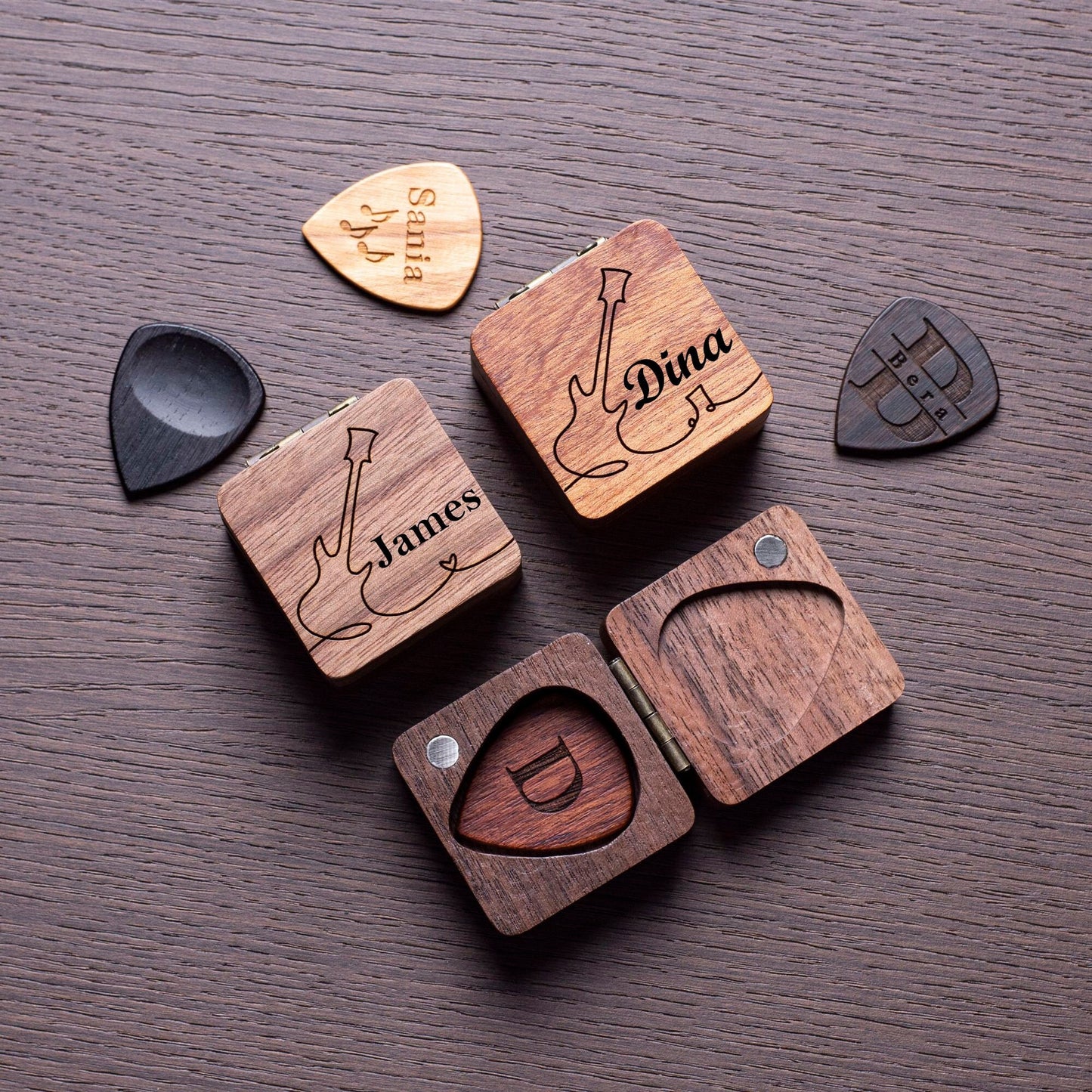 Personalized Wooden Guitar Pick Set: Engraved Plectrum Box