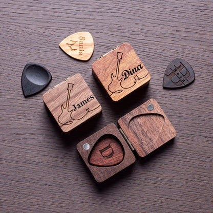 Personalized Wooden Guitar Pick Set: Engraved Plectrum Box