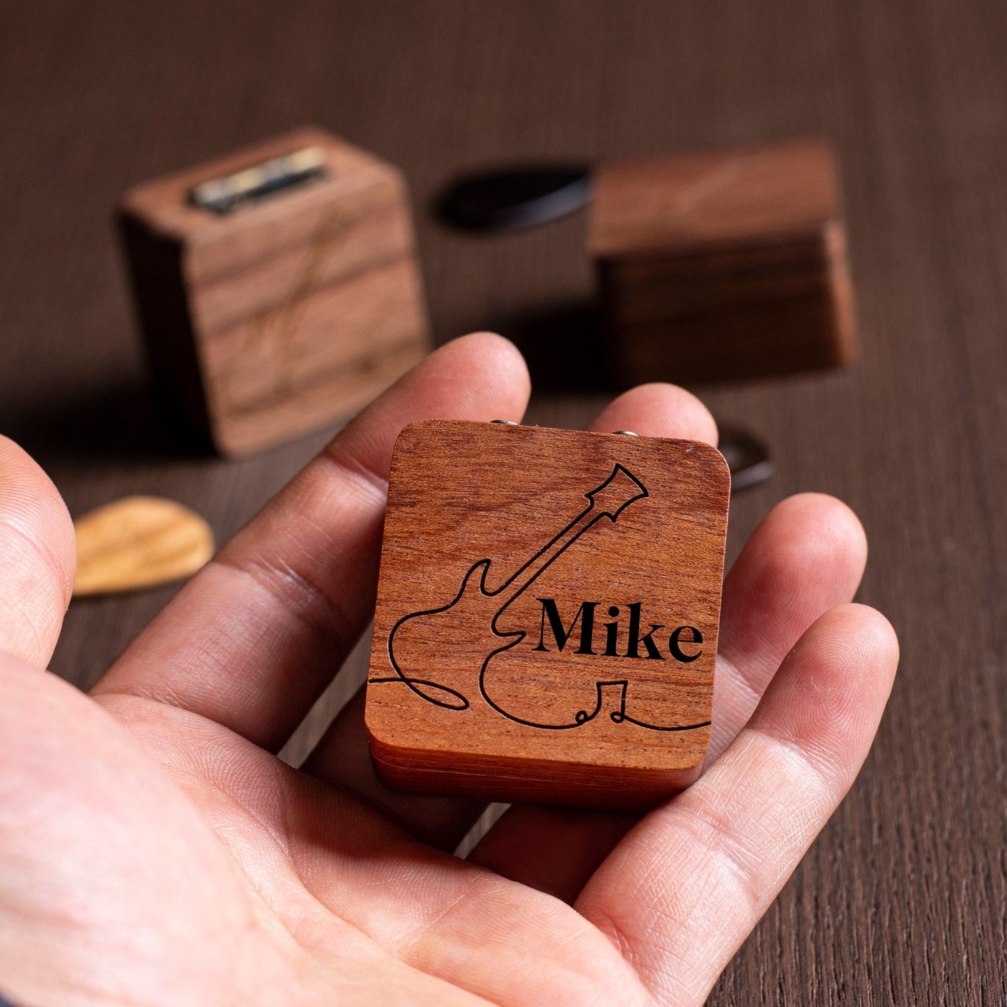 Personalized Wooden Guitar Pick Set: Engraved Plectrum Box