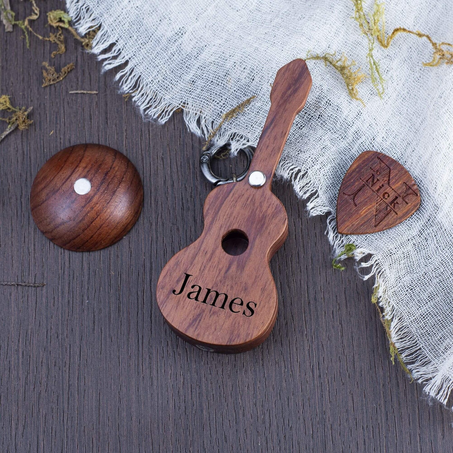 Personalized Wooden Guitar Pick Case: Musician Gift with Keychain
