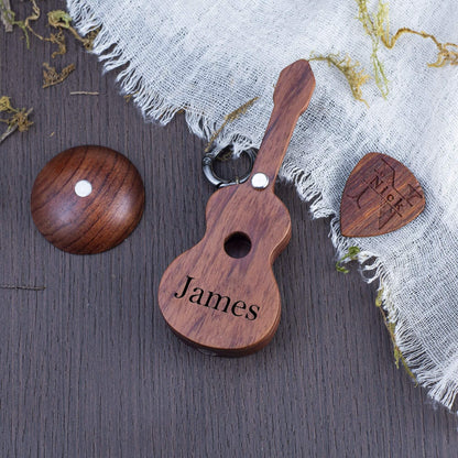 Personalized Wooden Guitar Pick Case: Musician Gift with Keychain
