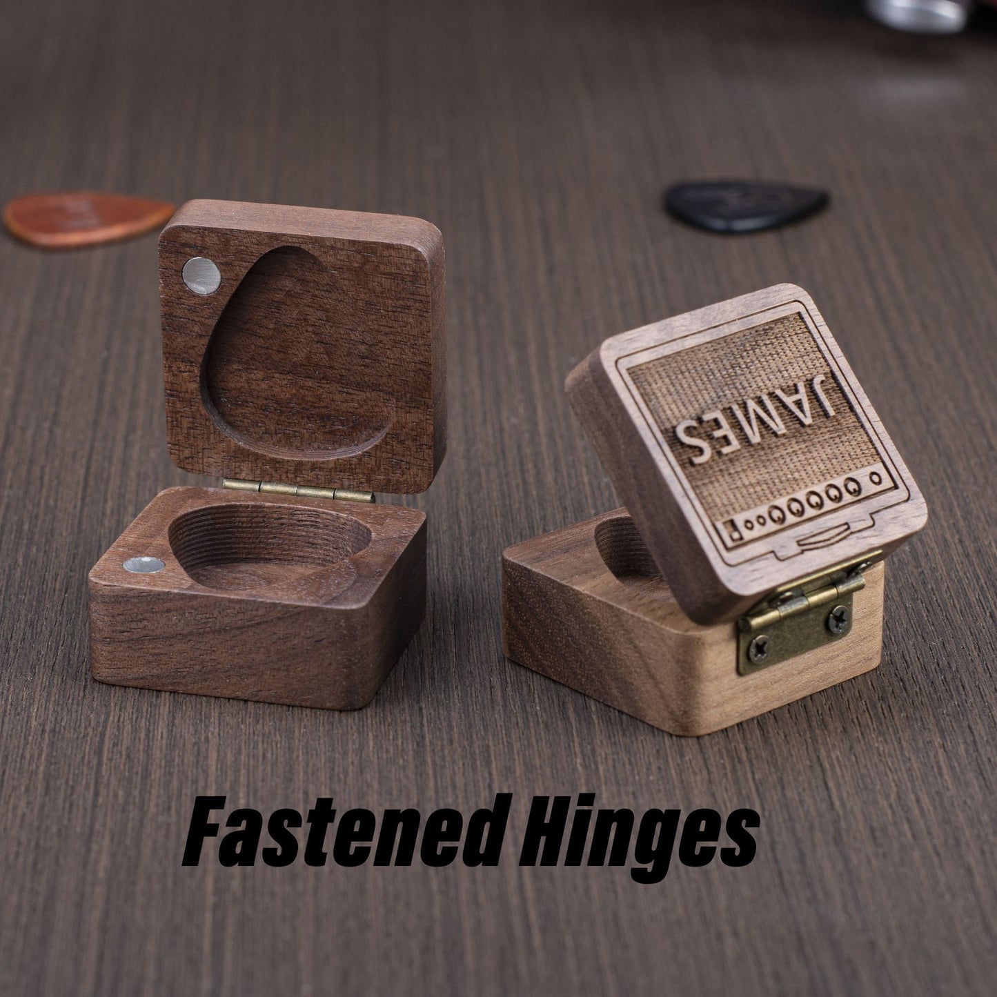 Personalized Walnut Guitar Pick Case: Engraved Plectrum Box, Guitarist Gift