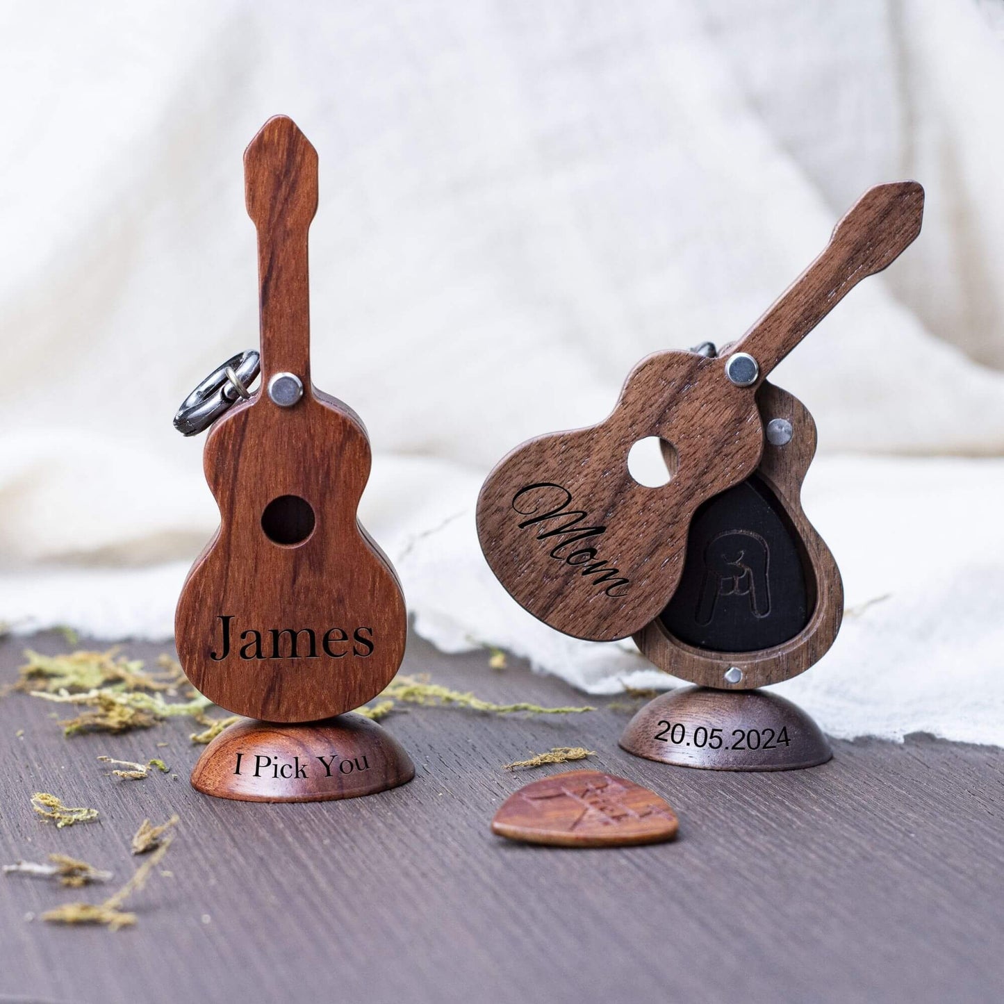 Personalized Wooden Guitar Pick Case: Musician Gift with Keychain