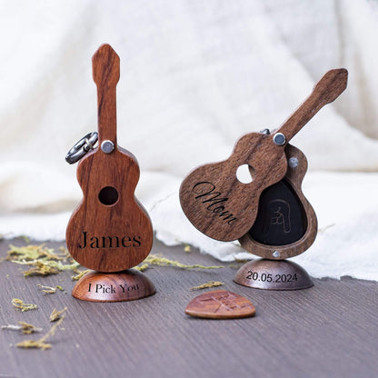 Personalized Wooden Guitar Pick Case: Musician Gift with Keychain