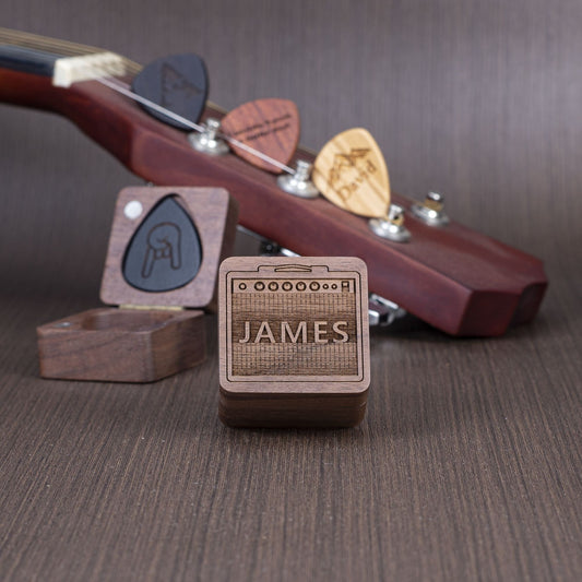 Personalized Walnut Guitar Pick Case: Engraved Plectrum Box, Guitarist Gift