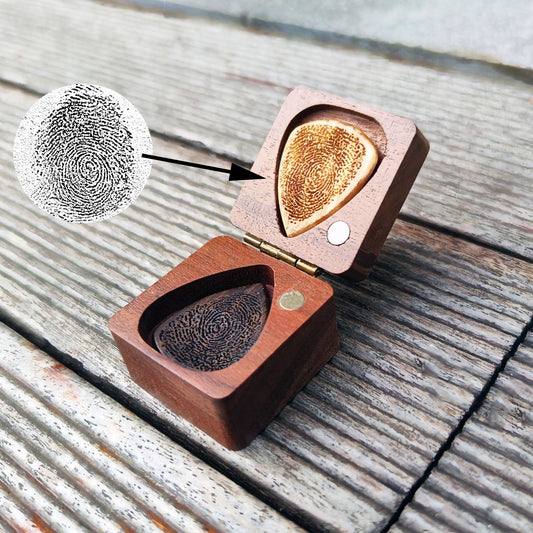 Personalized Fingerprint Guitar Pick Box: Engraved Wooden Plectrum