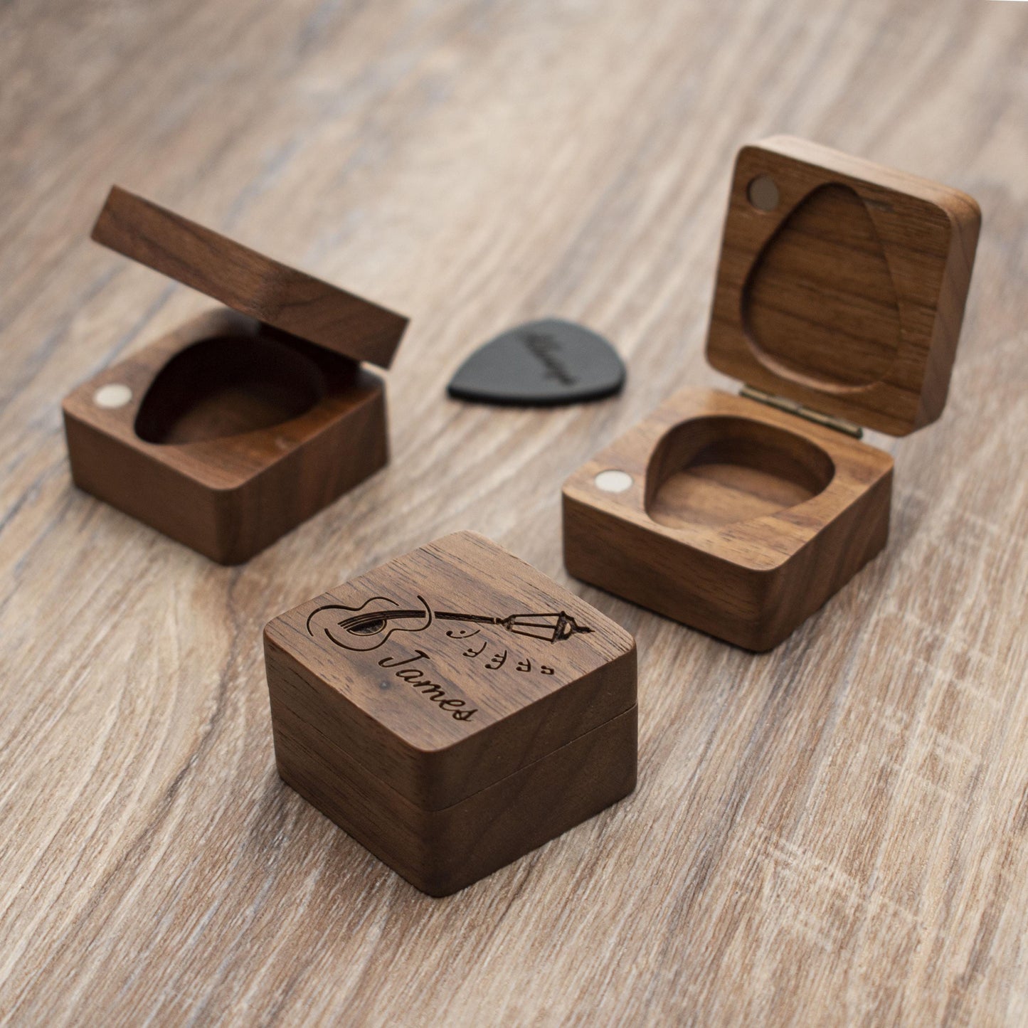 Engraved Guitar Pick Box: Personalized Walnut Wood Musician Gift