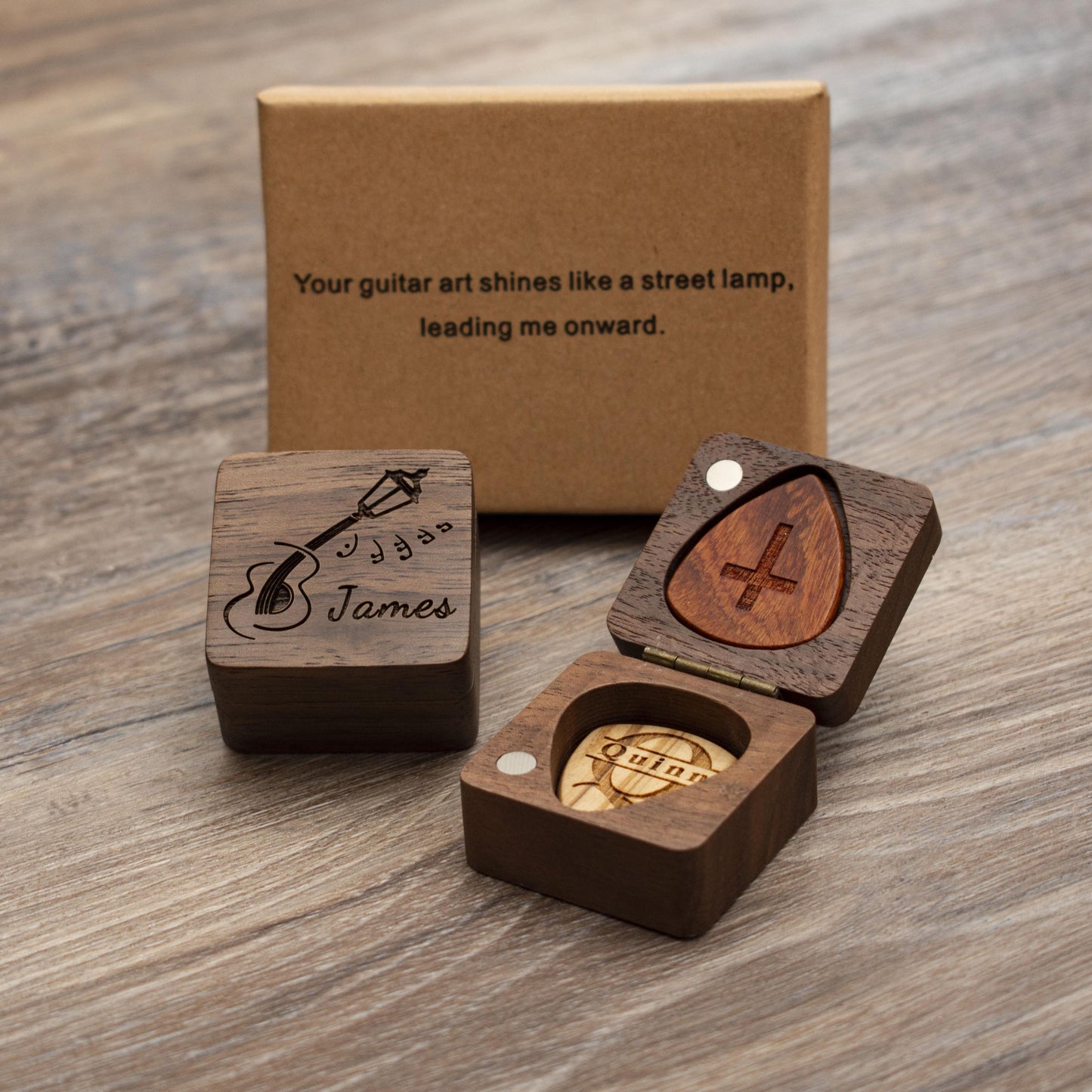 Engraved Guitar Pick Box: Personalized Walnut Wood Musician Gift