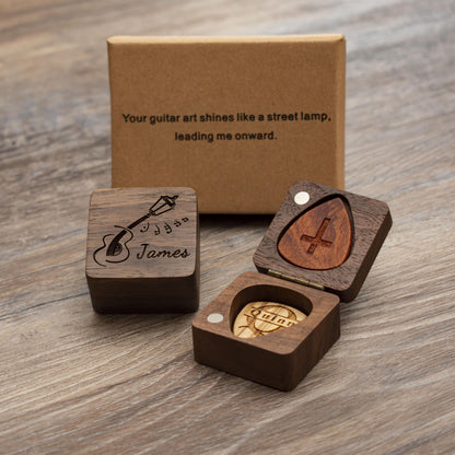 Engraved Guitar Pick Box: Personalized Walnut Wood Musician Gift