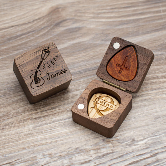 Engraved Guitar Pick Box: Personalized Walnut Wood Musician Gift